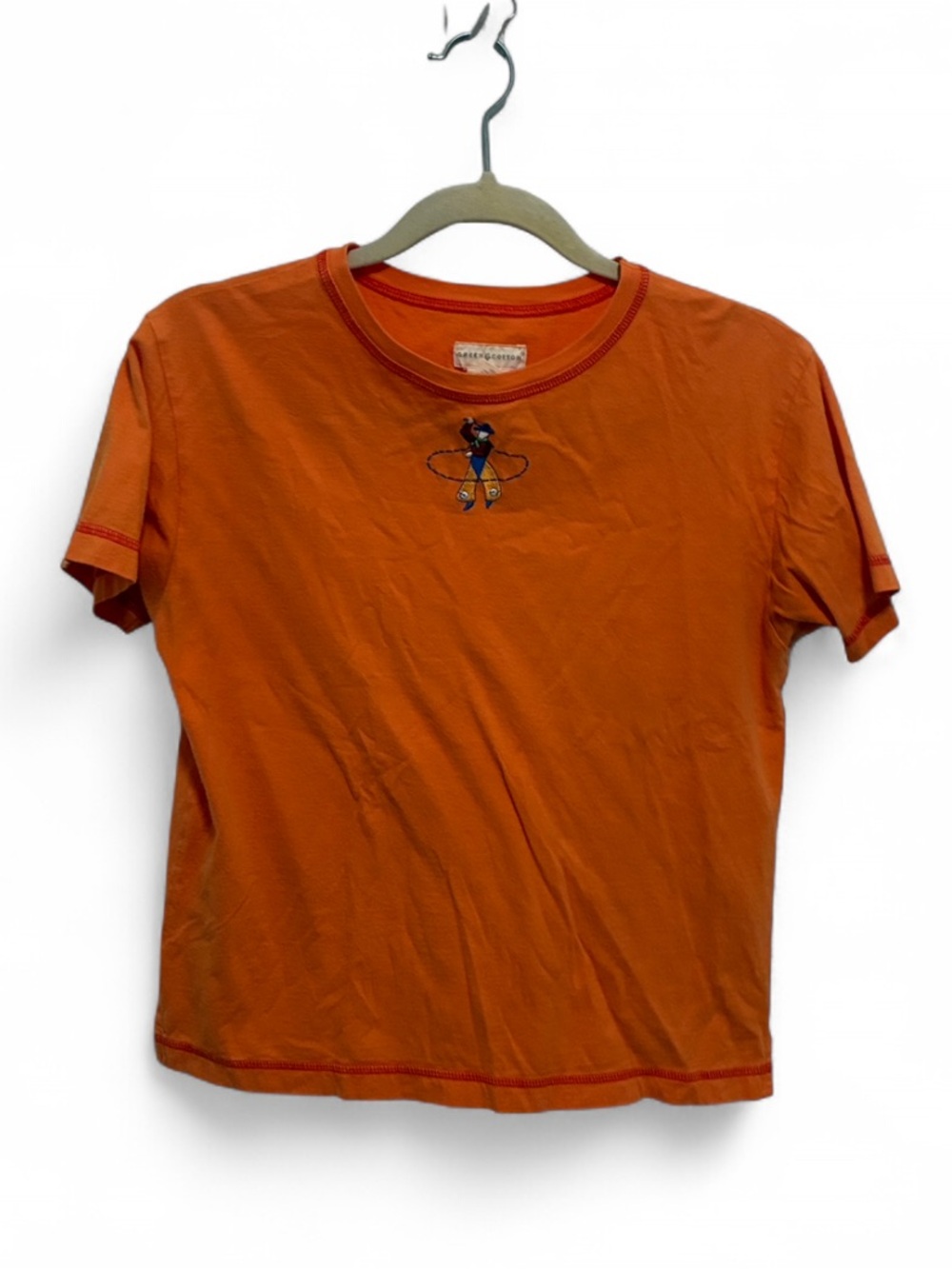 Y2K Green Cotton Orange Short Sleeve Tee with Western Cowboy Embroidered Graphic